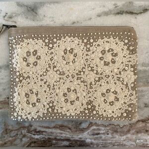 Beige Linen Pouch with Intricate Beaded Embroidery